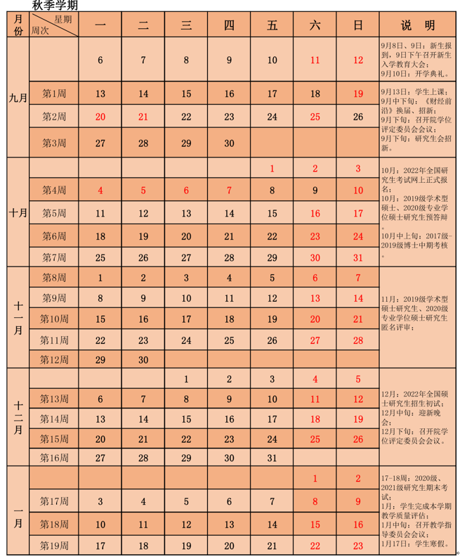 中国财政科学研究院研究生院2021-2022学年校历（秋季学期）
